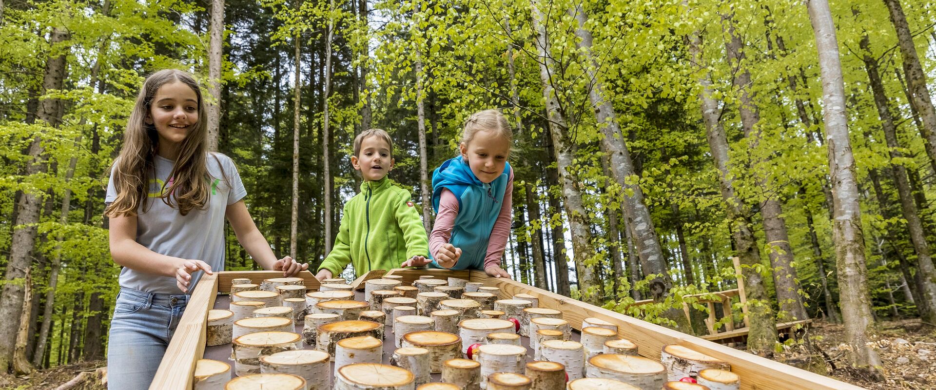 Kinder spielen mit Murmeln auf Holzpfad auf dem Kugelwaldpfad in Ühlingen-Birkendorf